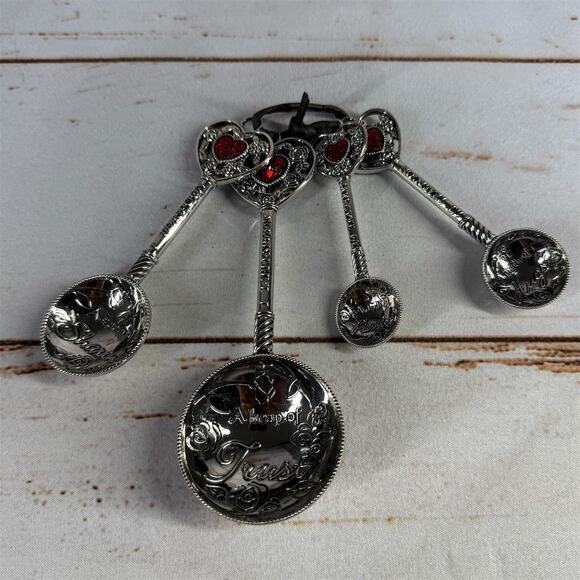 Ganz Heart Measuring Spoon Set Silver Tone Red Enamel Accents 4-Piece - Picture 1 of 5